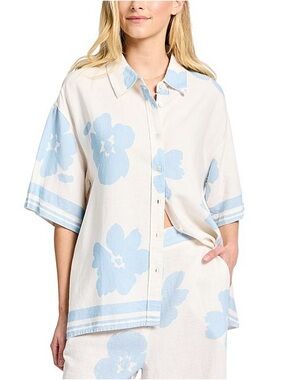 Academy Women Button-Down Floral Print Shirt — Light Blue on Cream